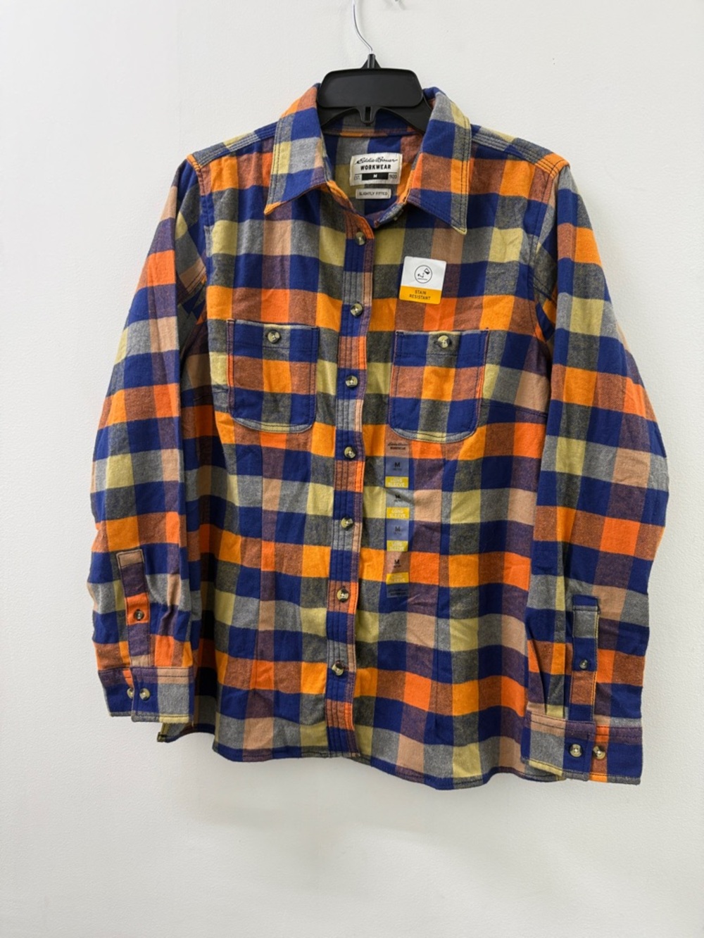 Eddie Bauer Orange, Navy & Cream Plaid Button-Down Flannel Shirt